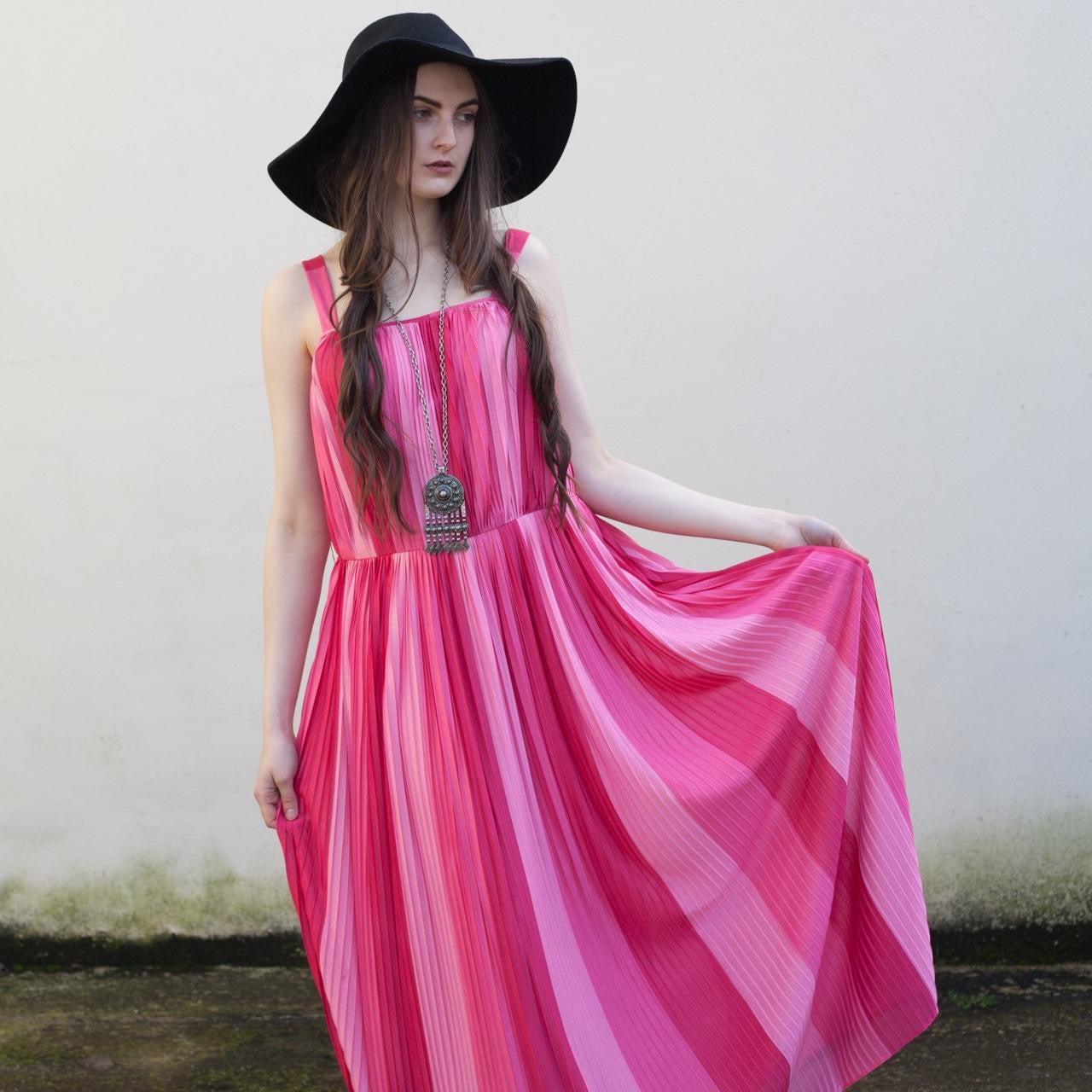 Vintage Pink Plissé Stripe 70s Maxi dress