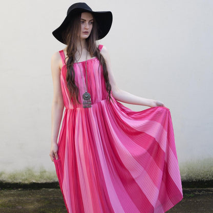Vintage Pink Plissé Stripe 70s Maxi dress