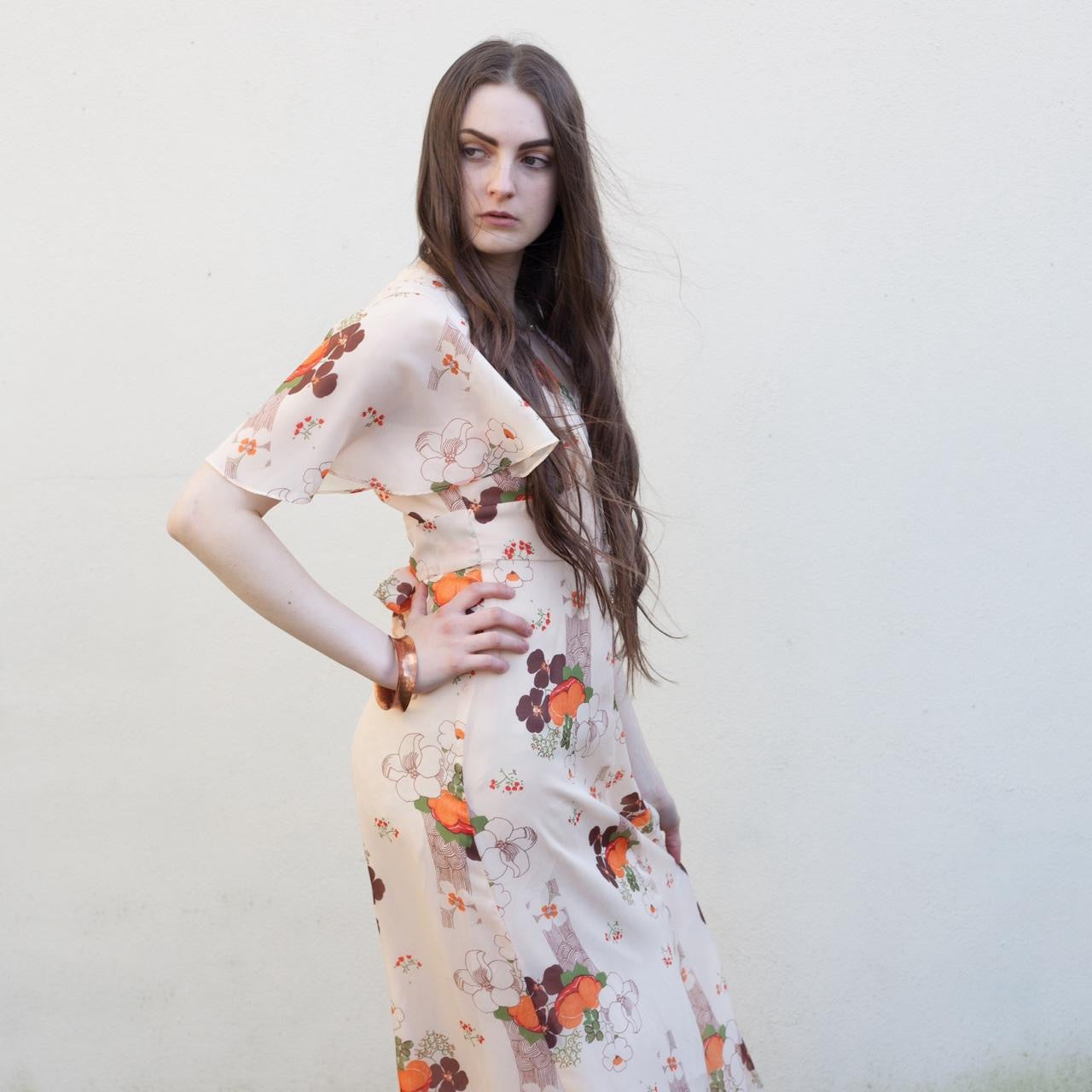 THE DECO ANGEL Vintage 70s Cream Floral boho Maxi Dress with angel sleeves