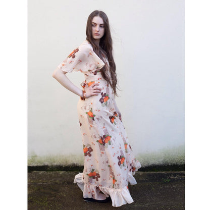 THE DECO ANGEL Vintage 70s Cream Floral boho Maxi Dress with angel sleeves