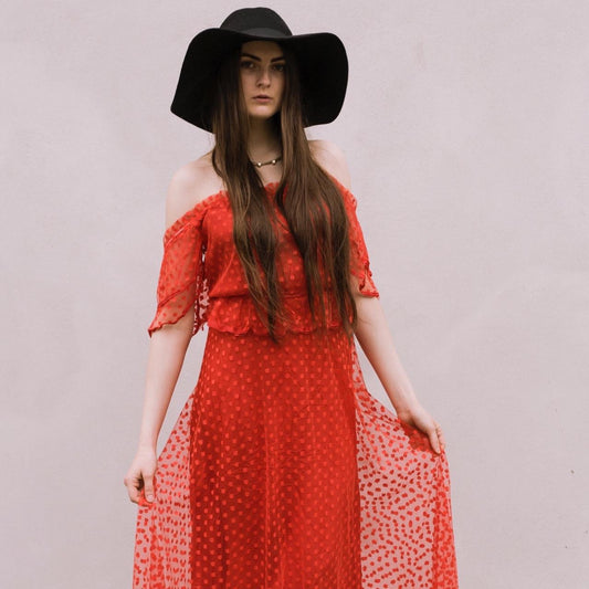 Vintage original 1970s red off shoulder maxi dress with polka dot netting