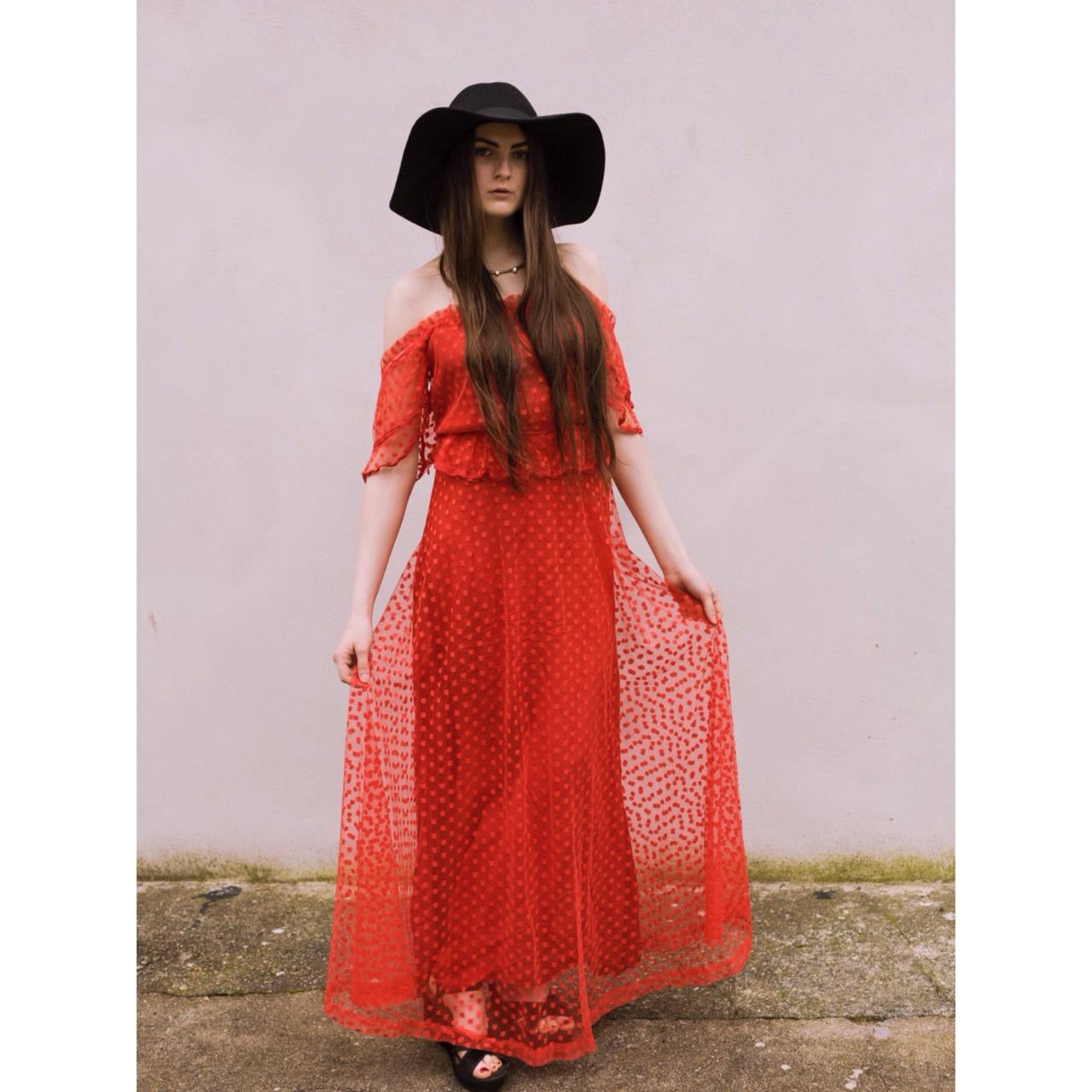 Vintage original 1970s red off shoulder maxi dress with polka dot netting