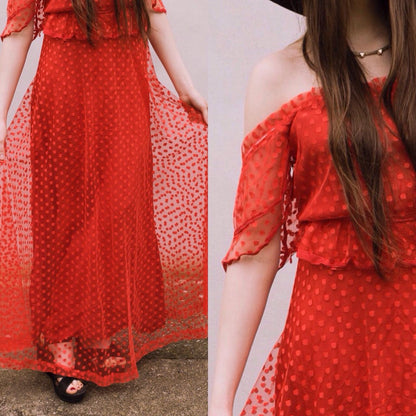 Vintage original 1970s red off shoulder maxi dress with polka dot netting
