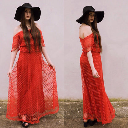 Vintage original 1970s red off shoulder maxi dress with polka dot netting