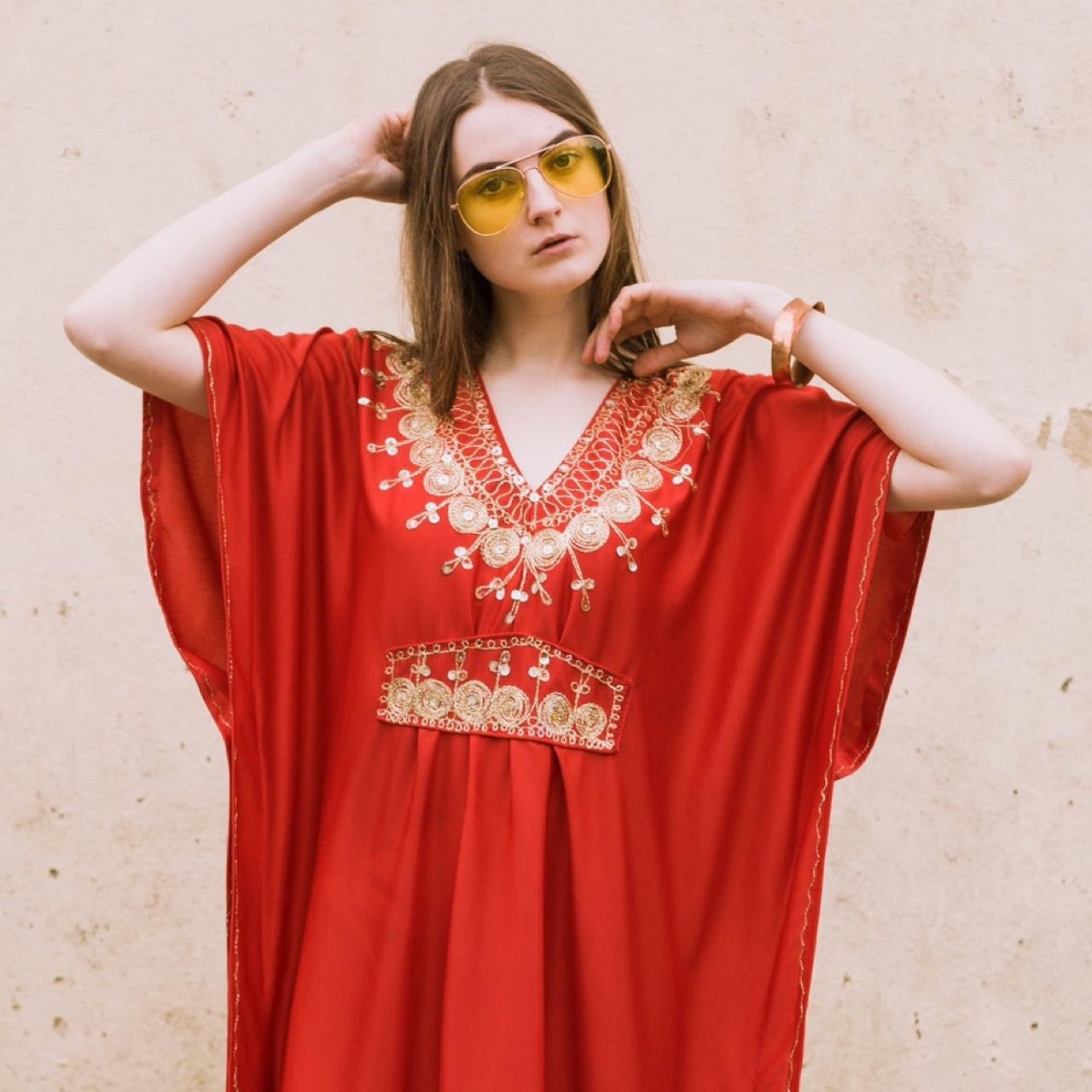 Vintage 70s red gold kaftan maxi dress
