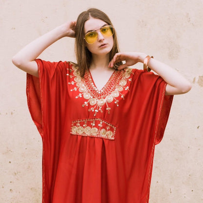 Vintage 70s red gold kaftan maxi dress