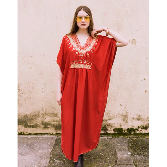 Vintage 70s red gold kaftan maxi dress