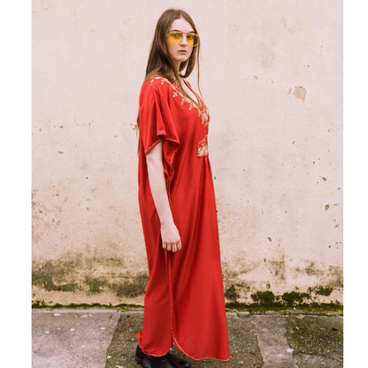 Vintage 70s red gold kaftan maxi dress