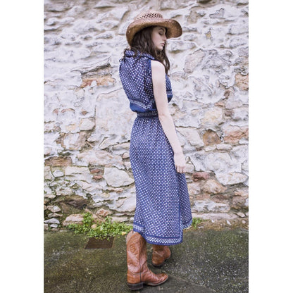Vintage midi/maxi dress in blue western ditsy print with ruched sleeve