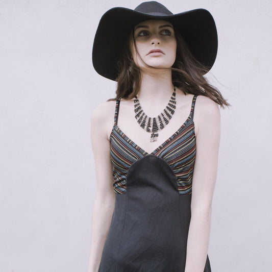 Vintage original 1970s black maxi dress with lurex stripe accent