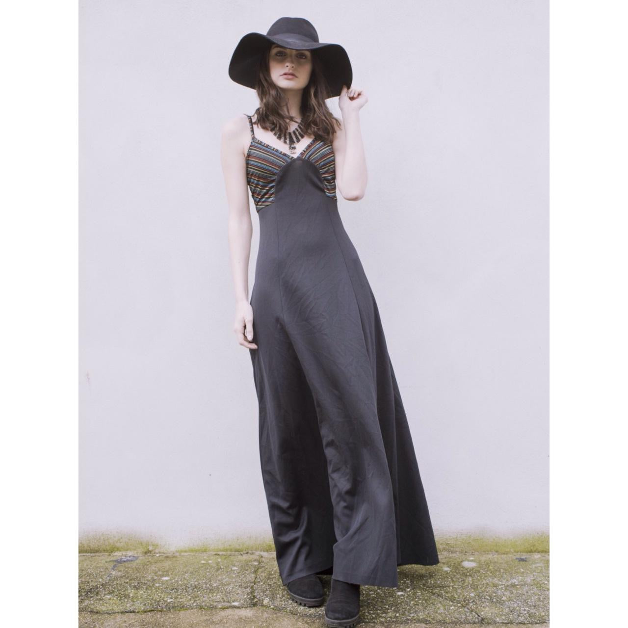 Vintage original 1970s black maxi dress with lurex stripe accent