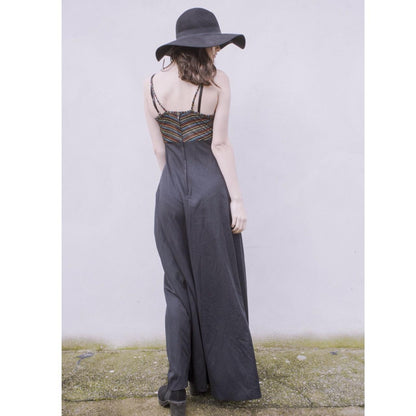 Vintage original 1970s black maxi dress with lurex stripe accent