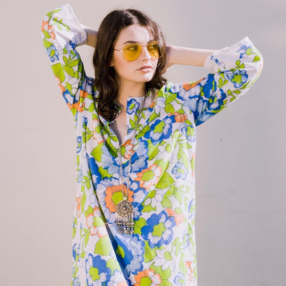 Vintage 1960s Kaftan Psychedelic Floral Maxi Dress