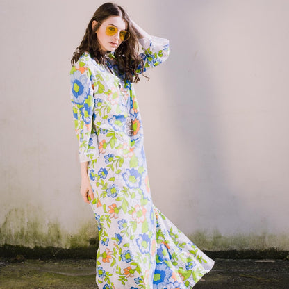 Vintage 1960s Kaftan Psychedelic Floral Maxi Dress