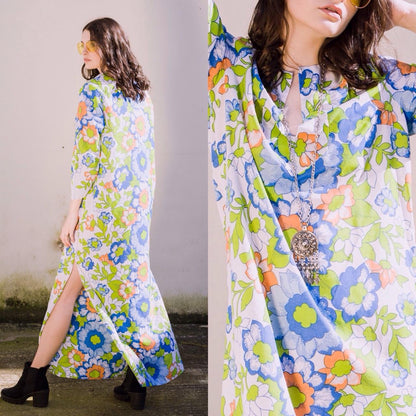 Vintage 1960s Kaftan Psychedelic Floral Maxi Dress
