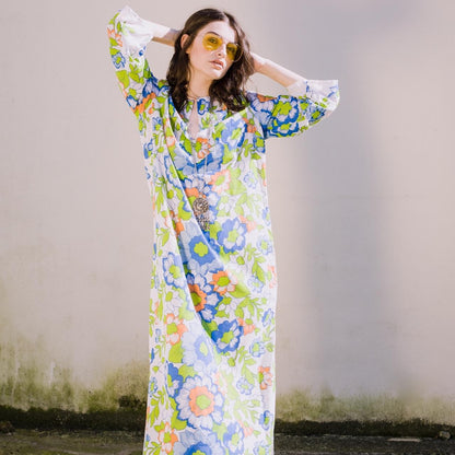 Vintage 1960s Kaftan Psychedelic Floral Maxi Dress