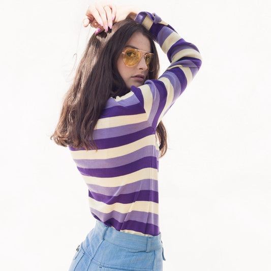 Vintage 70s purple cream & lilac stripe roll neck jumper