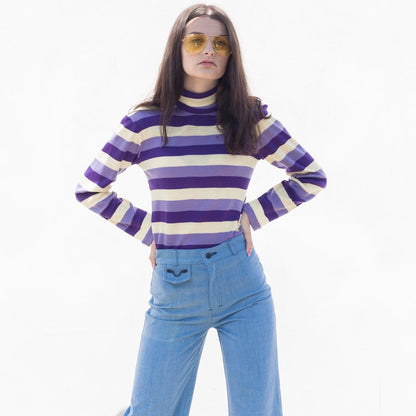 Vintage 70s purple cream & lilac stripe roll neck jumper