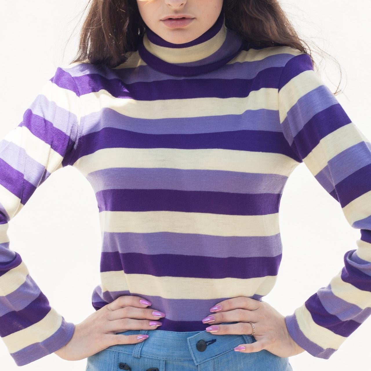 Vintage 70s purple cream & lilac stripe roll neck jumper