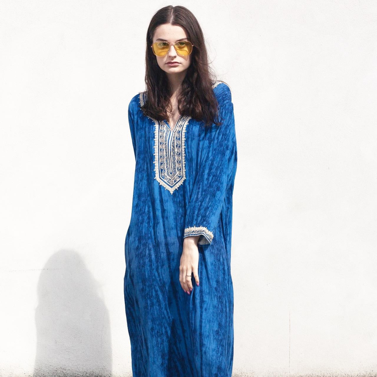 Vintage 70s style blue maxi kaftan dress