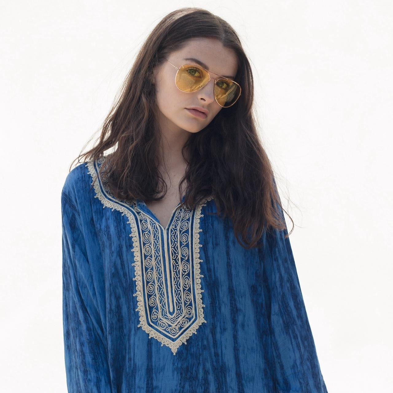 Vintage 70s style blue maxi kaftan dress
