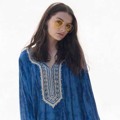 Vintage 70s style blue maxi kaftan dress