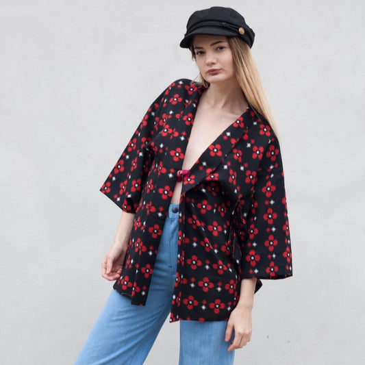 Vintage Kimono Black & Red Floral