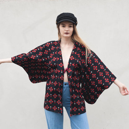 Vintage Kimono Black & Red Floral