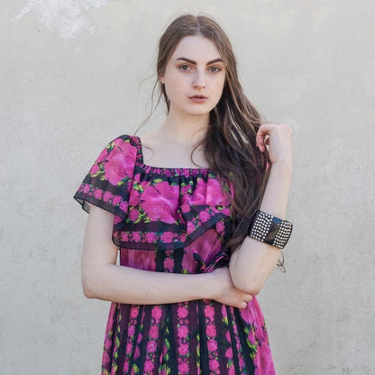 Vintage 70s pink floral off shoulder maxi dress