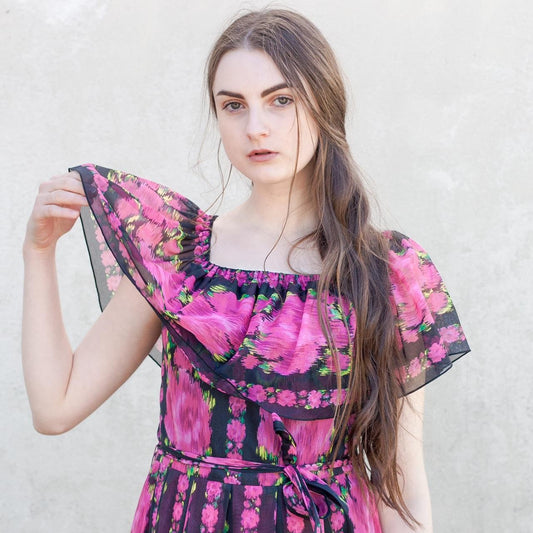 Vintage 70s pink floral off shoulder maxi dress