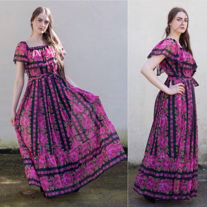 Vintage 70s pink floral off shoulder maxi dress