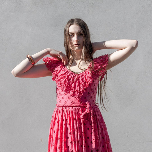 Vintage 70s pink ruffle broderie anglaise feel maxi dress