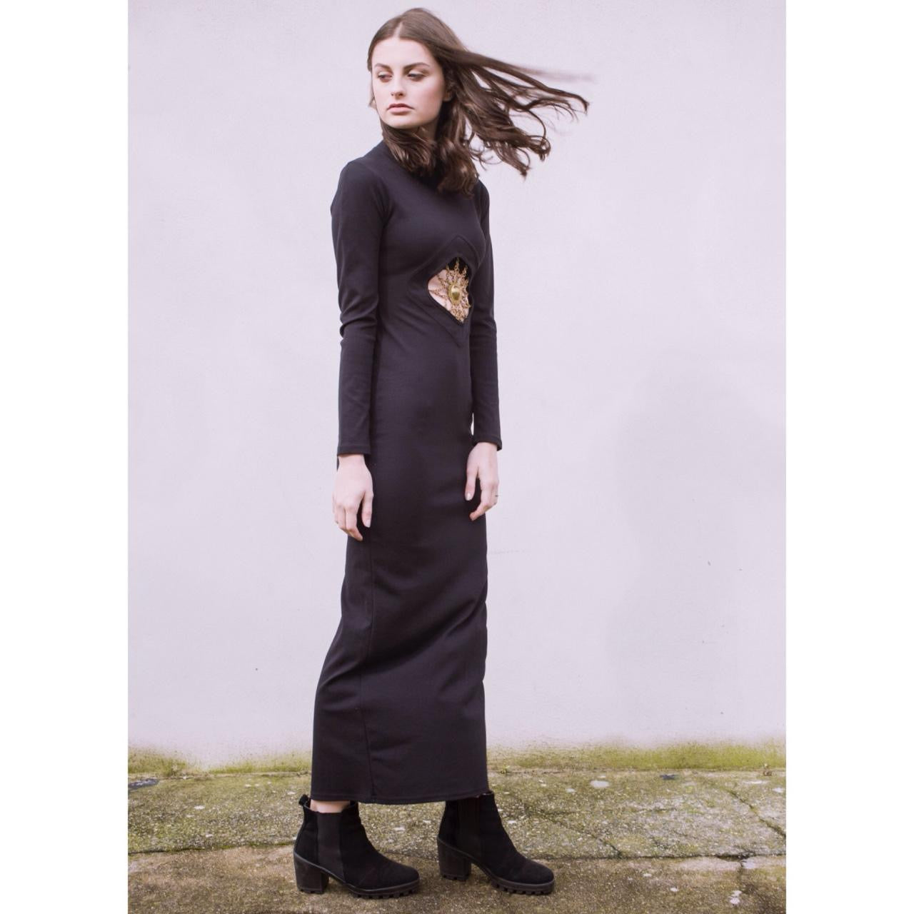 Vintage 1990s original black bodycon maxi dress gold chain cut out detailing