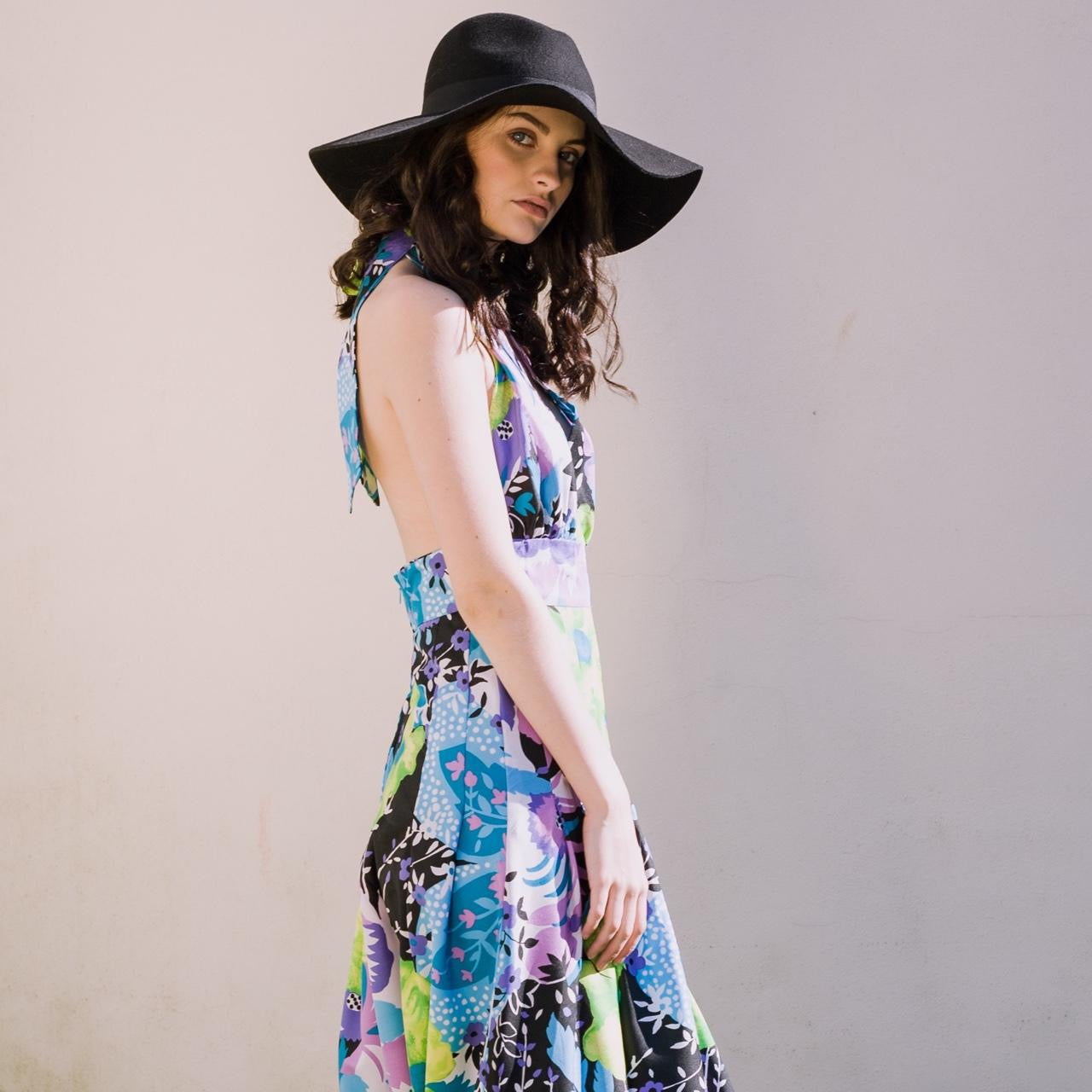 Vintage 1970s floral halter neck pleat waist maxi dress