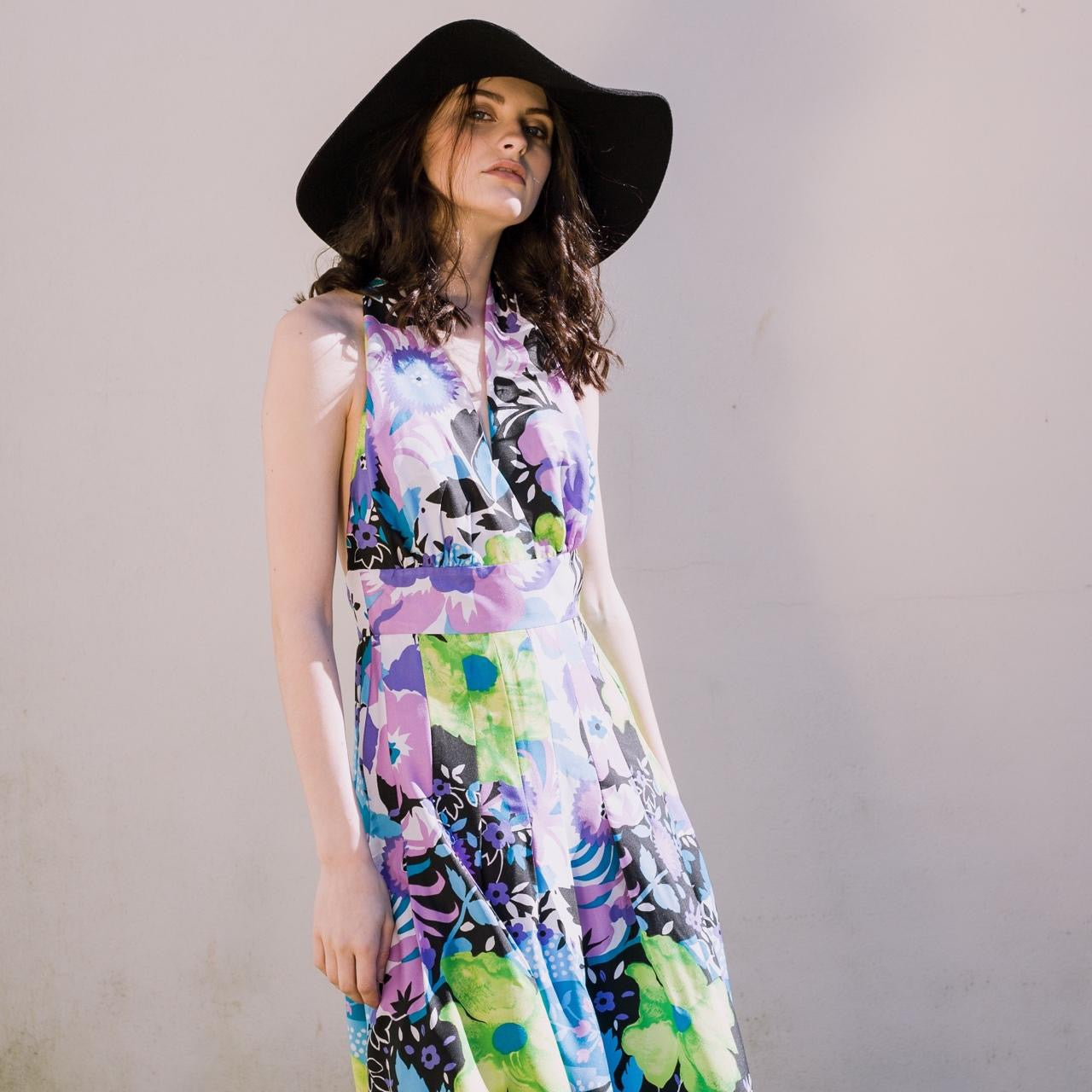 Vintage 1970s floral halter neck pleat waist maxi dress