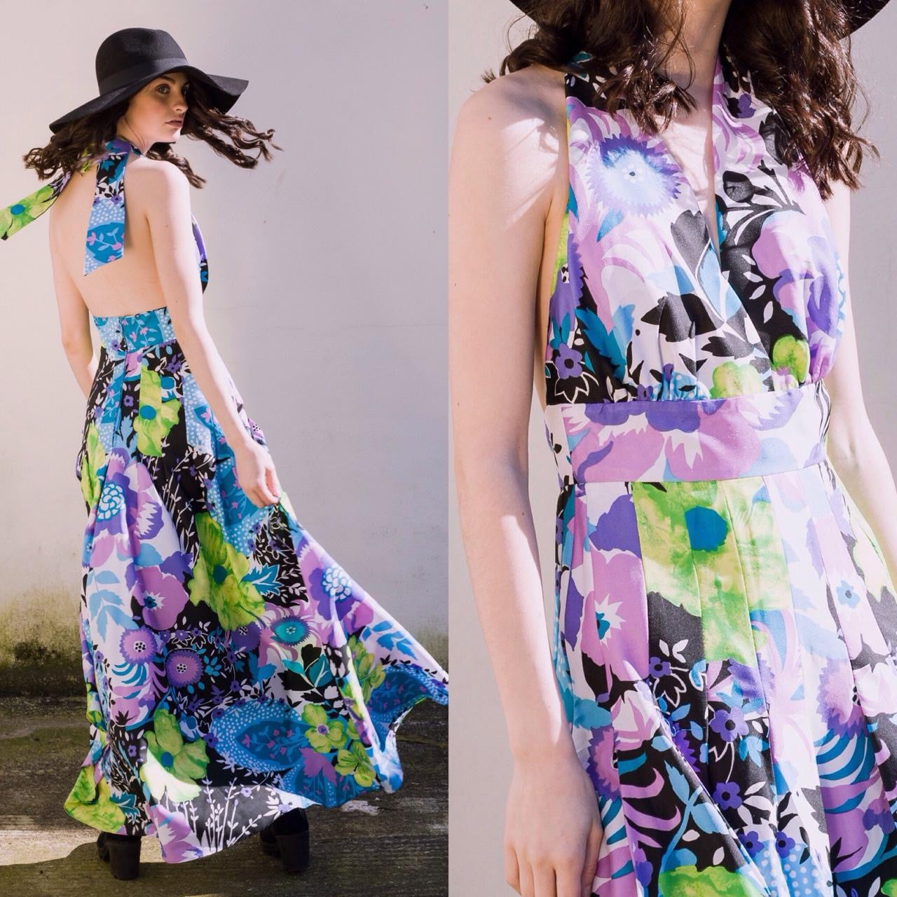 Vintage 1970s floral halter neck pleat waist maxi dress