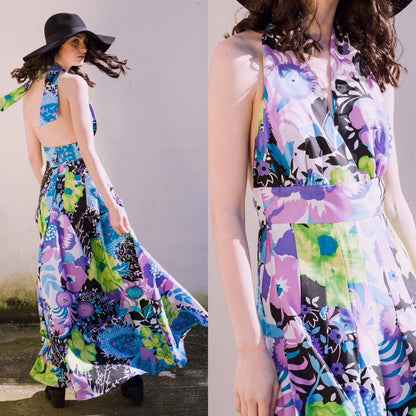 Vintage 1970s floral halter neck pleat waist maxi dress