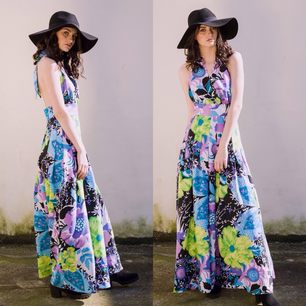 Vintage 1970s floral halter neck pleat waist maxi dress