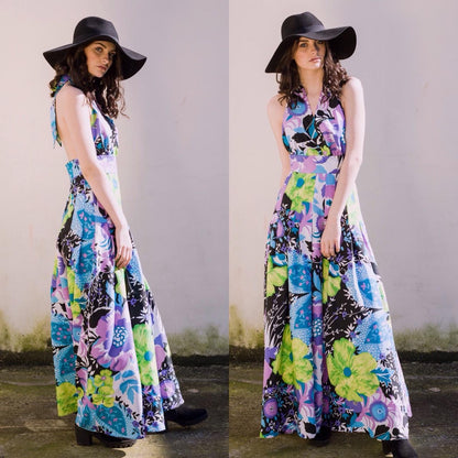 Vintage 1970s floral halter neck pleat waist maxi dress