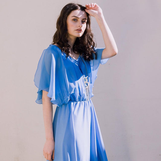 THE BLUE GRECIAN Vintage 1970s Sea blue angel sleeve maxi dress