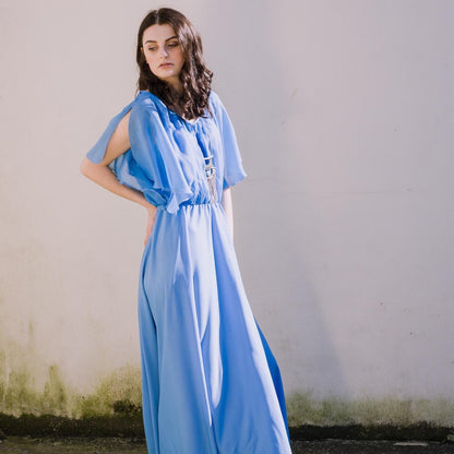 THE BLUE GRECIAN Vintage 1970s Sea blue angel sleeve maxi dress