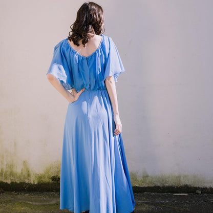 THE BLUE GRECIAN Vintage 1970s Sea blue angel sleeve maxi dress