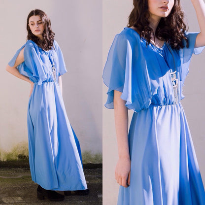 THE BLUE GRECIAN Vintage 1970s Sea blue angel sleeve maxi dress