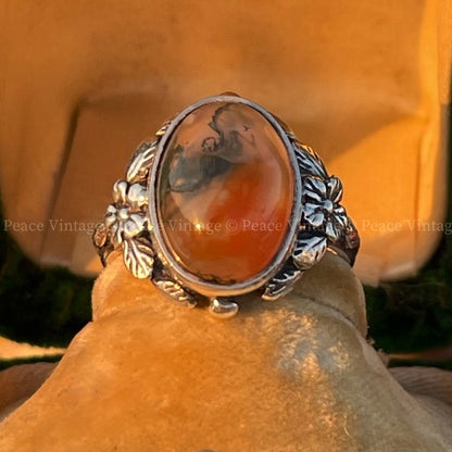 Vintage Sterling Silver Fish Moss Agate Ring Bernard Instone Arts Crafts 1910 L