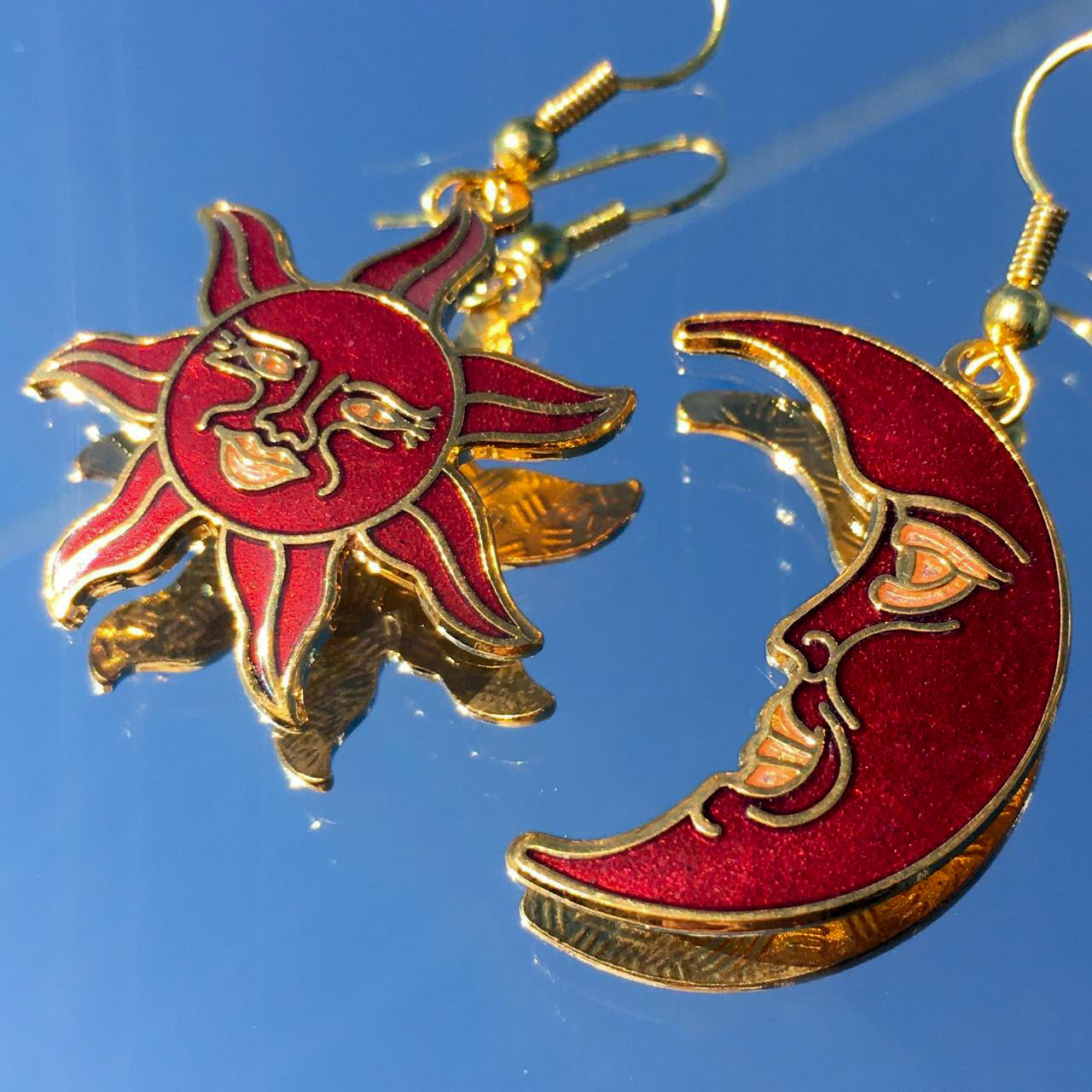 Vintage Red Cloisonné Celestial Sun and Moon earrings