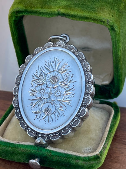 Antique Victorian Floral Sterling Silver Locket Pendant 1881
