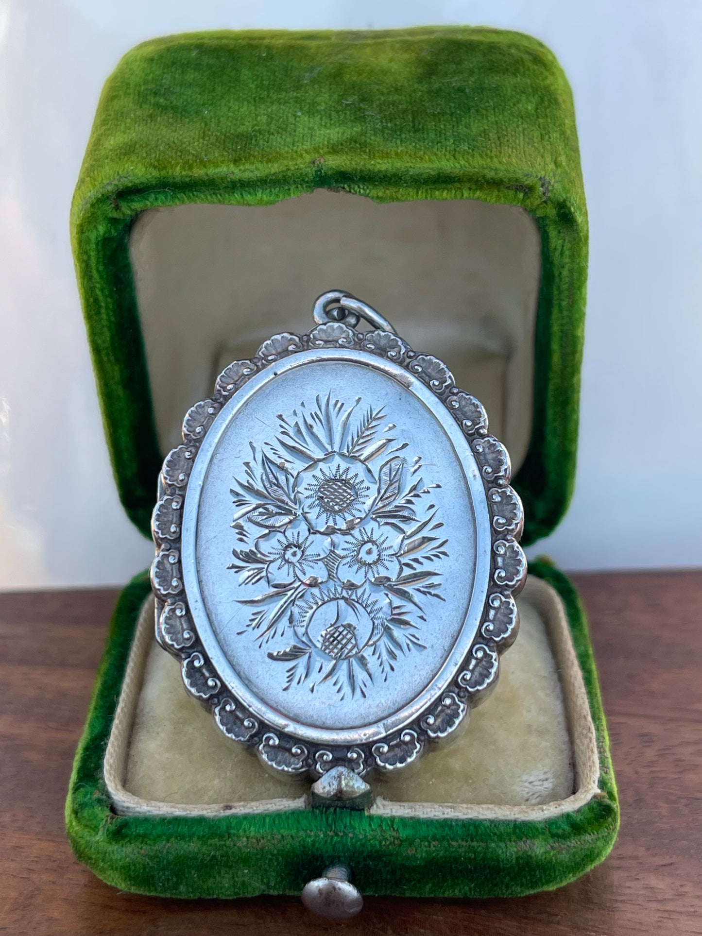 Antique Victorian Floral Sterling Silver Locket Pendant 1881