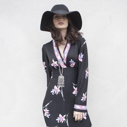 Vintage Lily Print 70s Maxi Dress