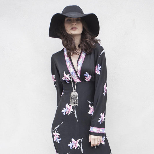 Vintage Lily Print 70s Maxi Dress