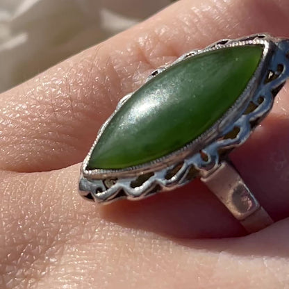 Antique Sterling Silver Large Navette Nephrite Jade Ring UK Q 5g